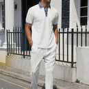 2025 new men's summer trend two-piece waffle collar short sleeve pants Business casual loose short sleeve + pants suit