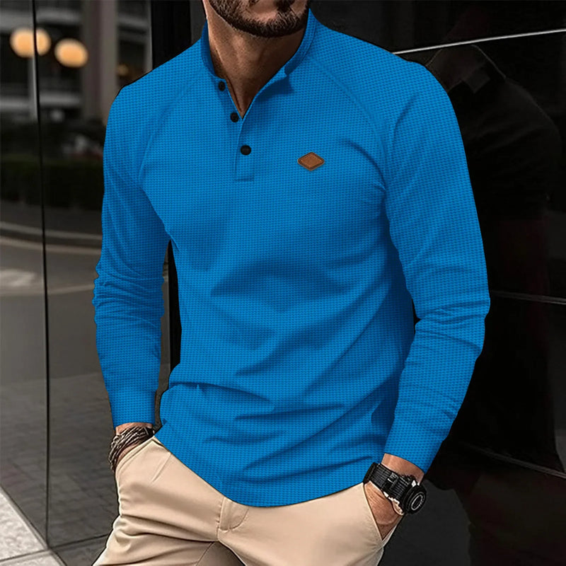 Cross-border Europe and America 2025 new Waffle spring sports men's POLO shirt lapel solid color long-sleeved golf fitness top