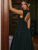 Elegant Solid Women Maxi Dress Fashion Sleeveless Round Neck Retract Waist A Line Pleated Robe 2025 New Lady Party Evening Gown