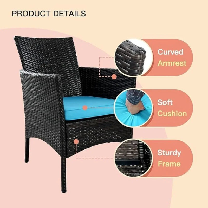 3-piece Outdoor Small Bar Set, Terrace Furniture Chairs, Black Wicker Porch Furniture with Glass Coffee Table