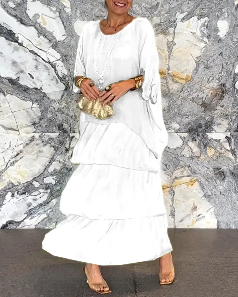 Fashion O-Neck Solid Commuter Long Dress Elegant Casual Layered Ruffle Edge Party Dress Bat Sleeve Chiffon Beach Vacation Dress