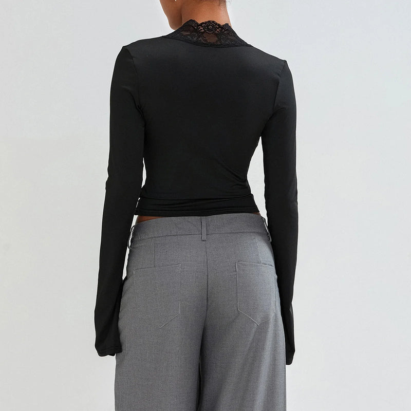 New Fashion Women's Fall Sexy Tops Slim Lace Trim Deep V Neck Bell Sleeve Crop Shirt Casual Streetwear