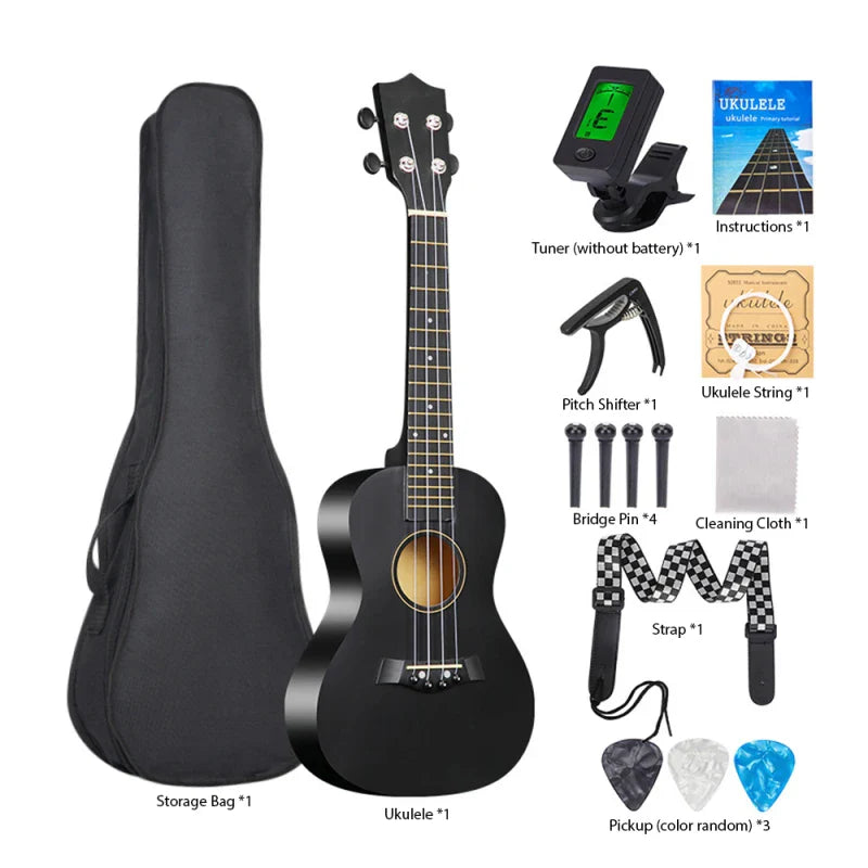 23-inch Ukulele Acoustic Ukulele Kit with Bag Strings Strap Bridge Needle Capo Pick Tuner All Basswood for Students Beginner