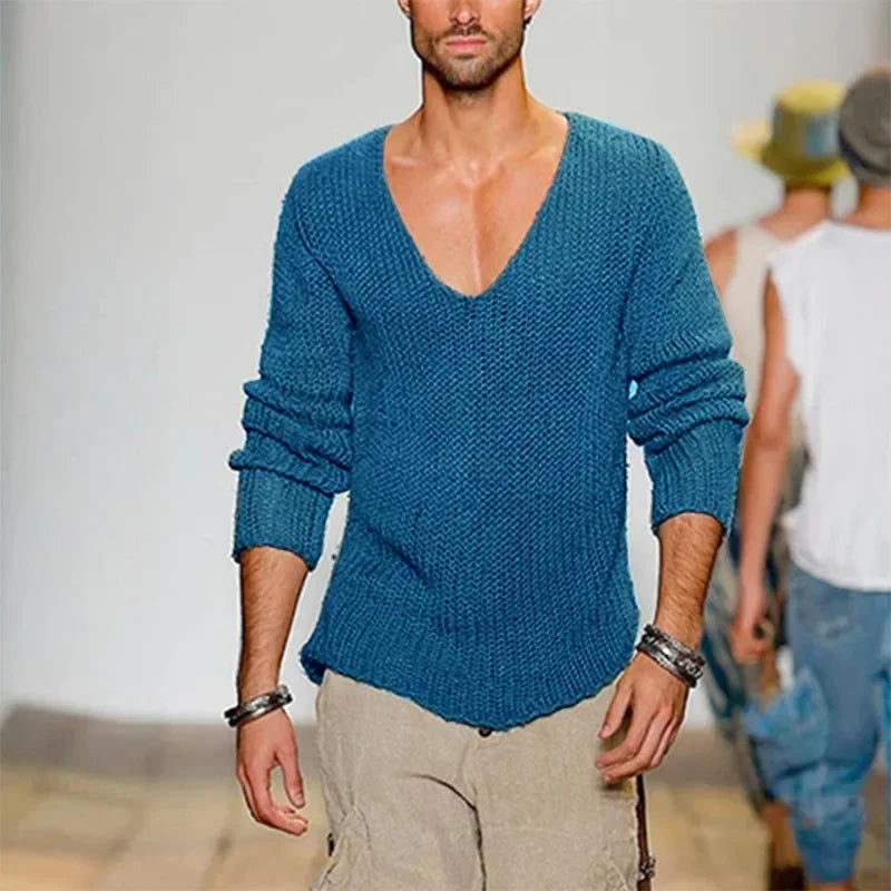Oversized Loose Knitted Thin Sweaters for Men Fashion V-neck Long Sleeved Casual Knit Pullover Tops Men's Versatile Sweater Tops