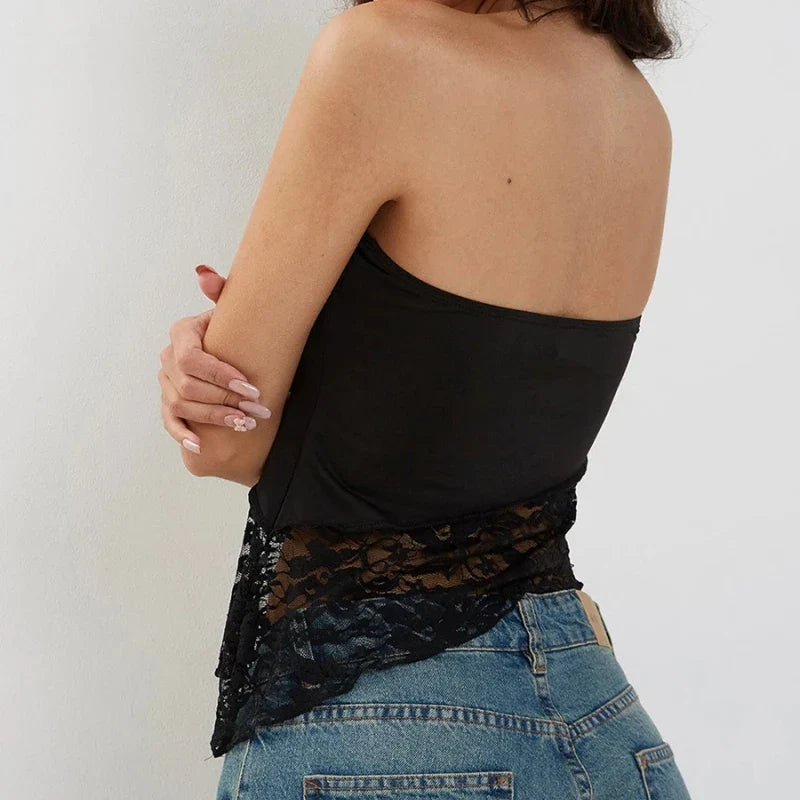 Women Summer Lace Flower Tube Top Y2K Skinny Tank Tops Black Sleeveless Off Shoulder Irregular Asymmetrical Bandeau Crop Top