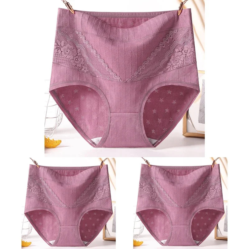 3pcs Cotton Women Panties Lady Plus Size Underwear Lace High Waist Briefs Breathable Solid Color Female Lingerie