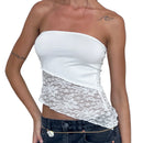 Women Summer Lace Flower Tube Top Y2K Skinny Tank Tops Black Sleeveless Off Shoulder Irregular Asymmetrical Bandeau Crop Top