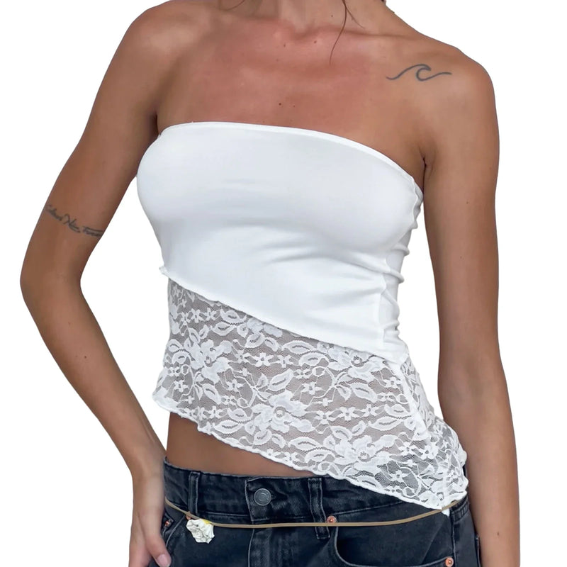 Women Summer Lace Flower Tube Top Y2K Skinny Tank Tops Black Sleeveless Off Shoulder Irregular Asymmetrical Bandeau Crop Top