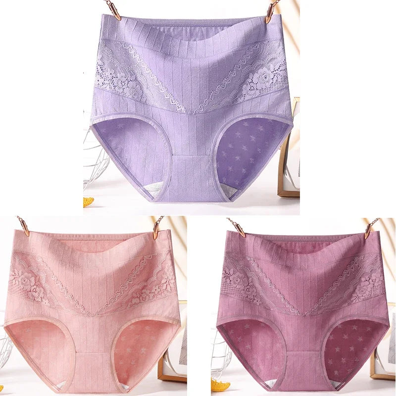 3pcs Cotton Women Panties Lady Plus Size Underwear Lace High Waist Briefs Breathable Solid Color Female Lingerie
