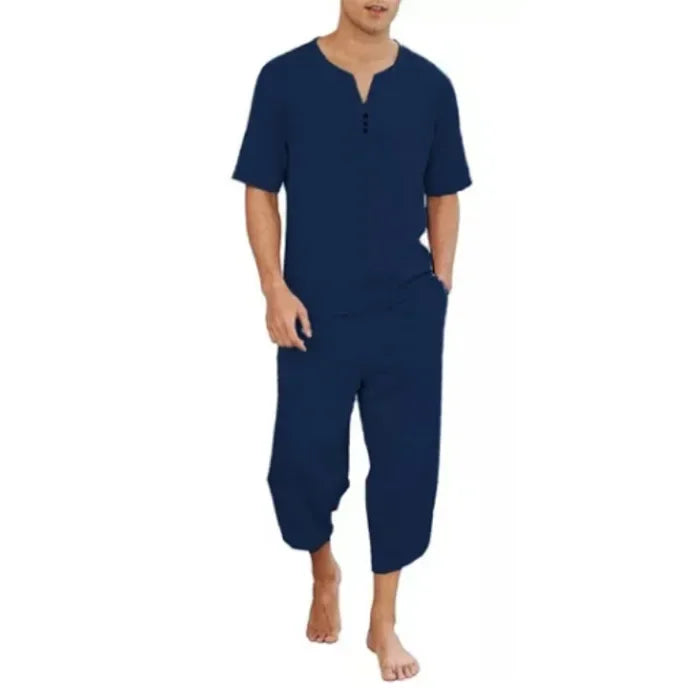 2025 Men's Hip Hop Cotton Linen Sets Comfort Breathable Men Casual Sport 2 PCS Sets Fashion V-neck Short Sleeve Tops+Pants Suit