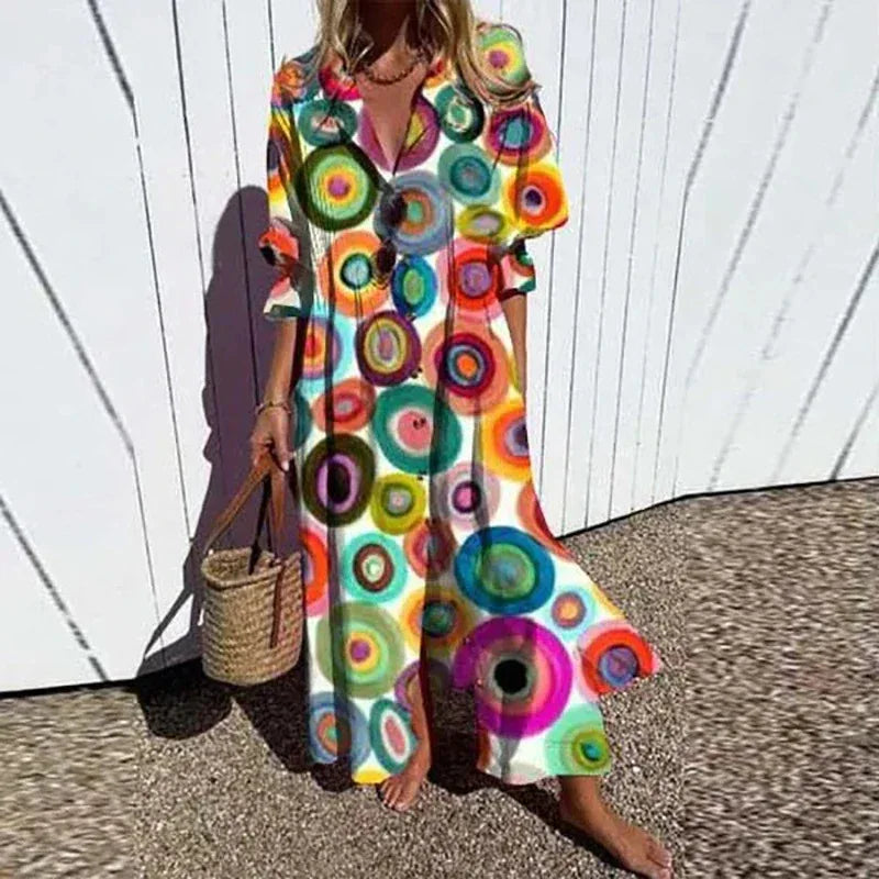 New Women's V-neck Single Breasted Shirt Dress Casual Loose Bohemian Long Dress 2025 Retro Pattern Printed Loose Vacation Dress