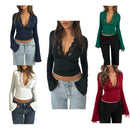 New Fashion Women's Fall Sexy Tops Slim Lace Trim Deep V Neck Bell Sleeve Crop Shirt Casual Streetwear