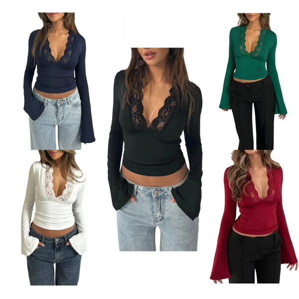 New Fashion Women's Fall Sexy Tops Slim Lace Trim Deep V Neck Bell Sleeve Crop Shirt Casual Streetwear