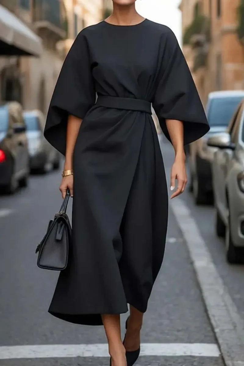 2025 Spring Summer New Women's Fashion Style Elegant Solid Color Waist Dress Casual Bat Sleeve Long Dress Vestidos Para Mujer