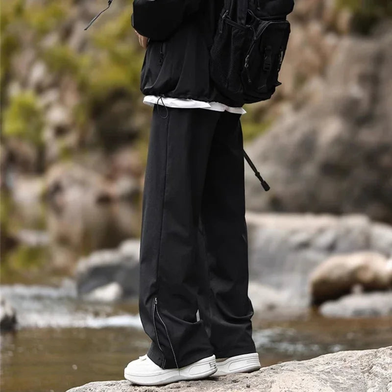 New Side Zipper Baggy Sweatpants For Men Autumn High Street Outdoor Straight Trousers Techwear Casual Drawstring Hiking Pants