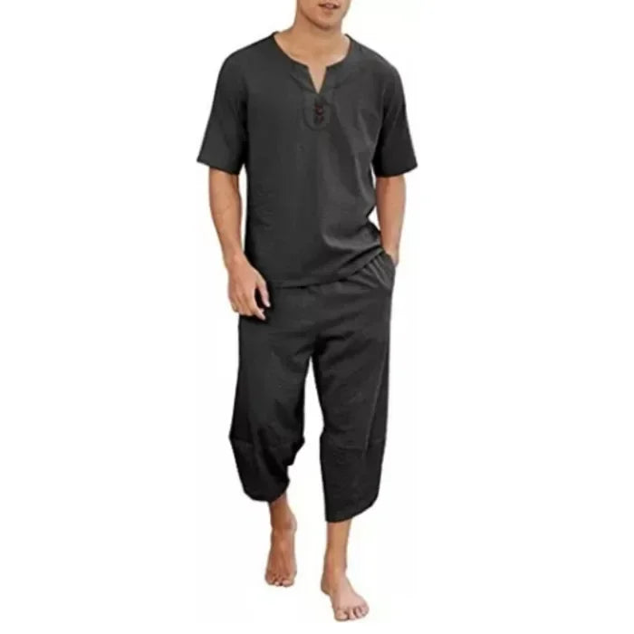 2025 Men's Hip Hop Cotton Linen Sets Comfort Breathable Men Casual Sport 2 PCS Sets Fashion V-neck Short Sleeve Tops+Pants Suit