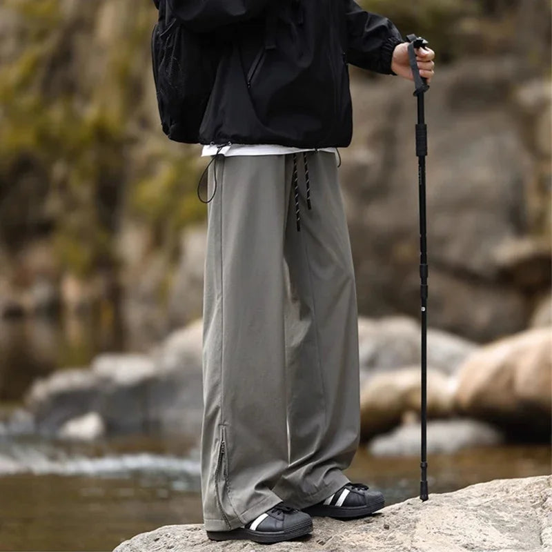 New Side Zipper Baggy Sweatpants For Men Autumn High Street Outdoor Straight Trousers Techwear Casual Drawstring Hiking Pants