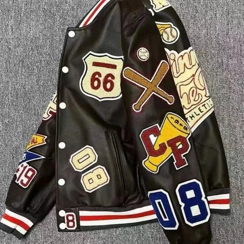 European and American Fashion Letter Embroidered Jackets Unisex Couple Contrasting Color Y2K Hip Hop Loose Leather Jackets Men