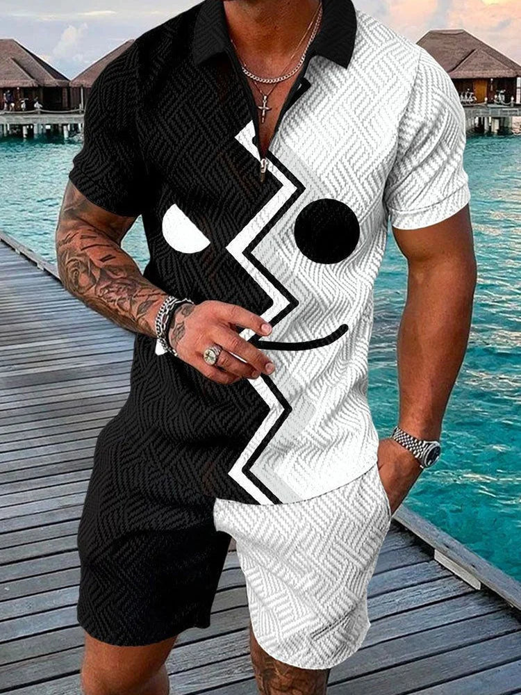 Men's Summer Tracksuit Sports Suit Men Set 3D Printed Casual Short Sleeve T Shirt Lapel Zip Polo Shirt Male Clothing Jogging