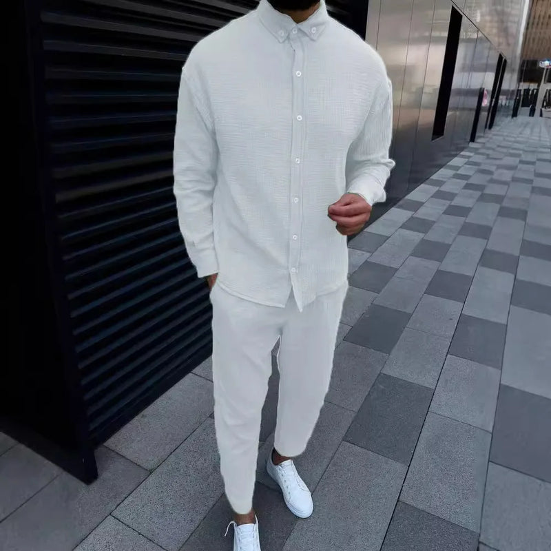 Spring and autumn men's cotton and linen lapel comfortable casual shirt set fashion long sleeve cargo pants solid color two-piec