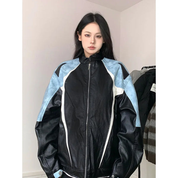 American Style Loose Women's Biker Jacket Color Block Windproof Spring Autumn Casual Top Trendy Outerwear Motorcycle Coat