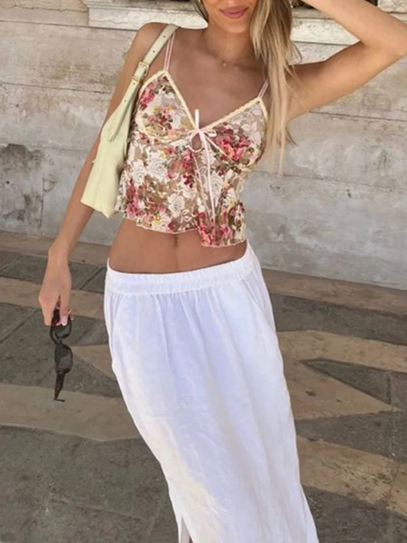 Women Spaghetti Strap Camisoles Floral Print V-Neck Tie-Up Front Sleeveless Sling Tank Tops Slim Fit Vests Crop Tops Y2k Summer