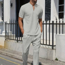 2024 Cross-border AliExpress men's Waffle Men casual fashion stand collar short sleeve pants suit