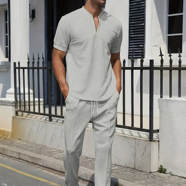 2024 Cross-border AliExpress men's Waffle Men casual fashion stand collar short sleeve pants suit