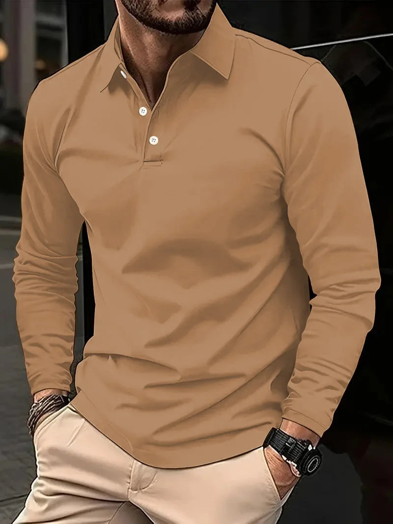 Classic men's simple solid color lapel POLO shirts Spring autumn business leisure outdoor travel friends party long sleeve tops