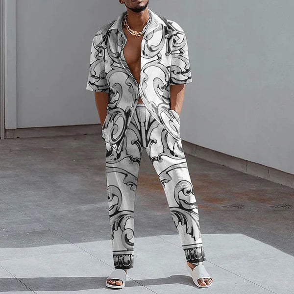 2023 Fashion Print Two Piece Set Men Lapel Button Short Sleeve Shirt And Straight Pants Suit Men Summer Casual Clothes