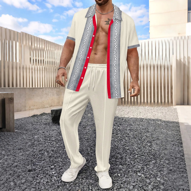 2025 Spring summer autumn winter new trend men's business casual fashion lapel cardigan short sleeve trousers waffle suit