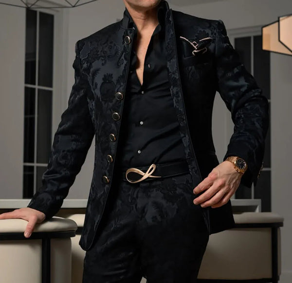 Patterned Black Men's Suit 2-piece Jacket Pants Wedding Groom Tuxedo Stand Collar Blazer Classic Jacquard Outfit
