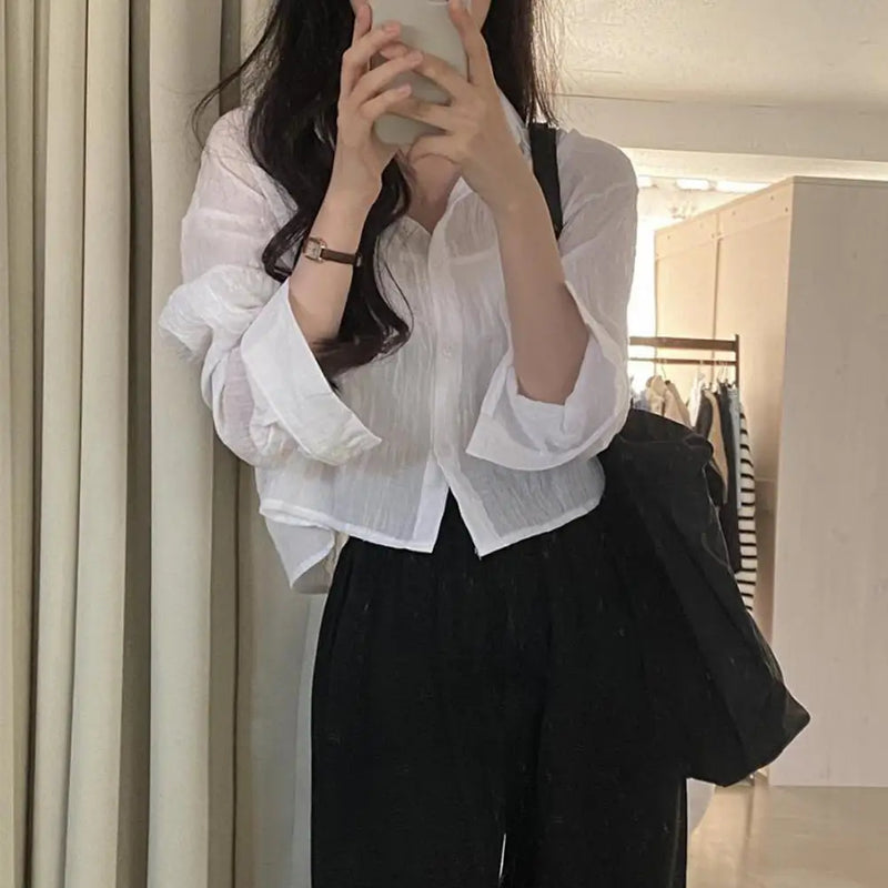 Women Shirt Turn Down Collar Cardigan Shirt Women Solid Color Sun Shirt