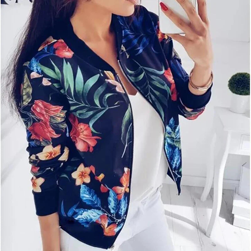 Women Floral Jackets Spring Summer Long Sleeve Zipper Print Bomber Jacket Casual Pocket Slim Female Fashion Outwears