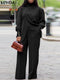 Plus Size VONDA Women Autumn High Neck Suits Solid Color Long Sleeve Matching Sets Elegant Split And Wide Leg Long Trousers 2PCs