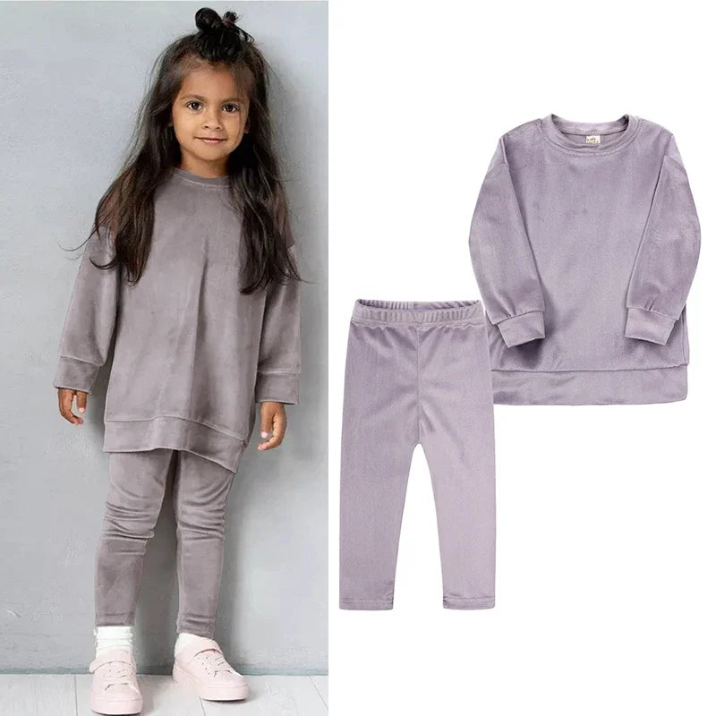 1-7Y Kids Baby Girls Fashion Velvet Outfits Toddler Pullover Top + Leggings Pants Clothes Winter 2Pcs Children Tracksuit Sets