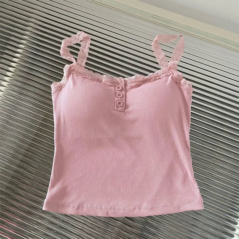 Summer Lace Strap Patchwork Camisole Women Solid Color Sleeveless Buttons Tank Top