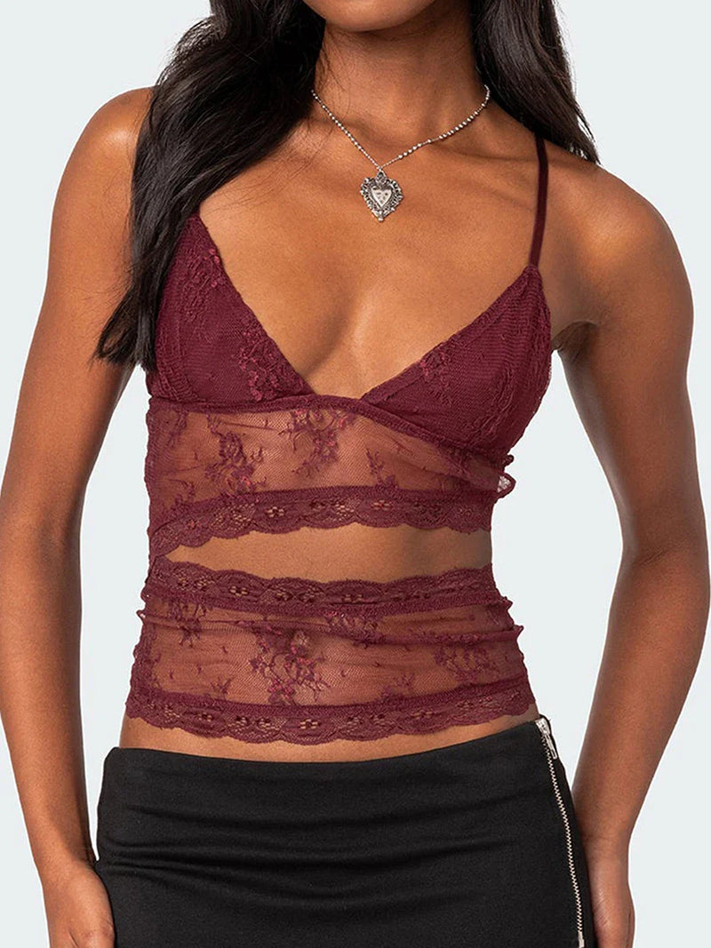 Women Lace Sheer Camisole V-Neck Spaghetti Strap Sheer Vest Slim Fit Cutout Show Navel Tank Tops