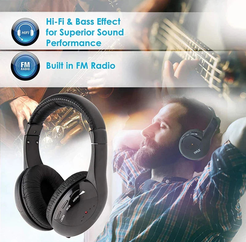 5 In 1 HiFi Wireless Headphones For TV Or Computer FM Radio Earphones Headsets With Microphone And Wireless Receiver