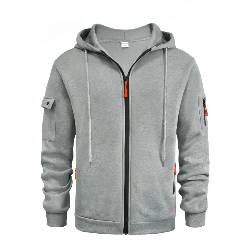 2024 Men's Hooded Sweater Leisure Sports Pullover Retro Harajuku Long Sleeve Zipper Multi-pocket Casual Loose Coat Street Wear