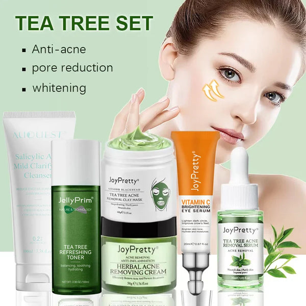 JoyPretty Acne Treatment Face Cream Tea Tree Serum Cleaning Pimple Acne Removal Repair Pores Korean Cosmetics Skin Care Kit 6pcs