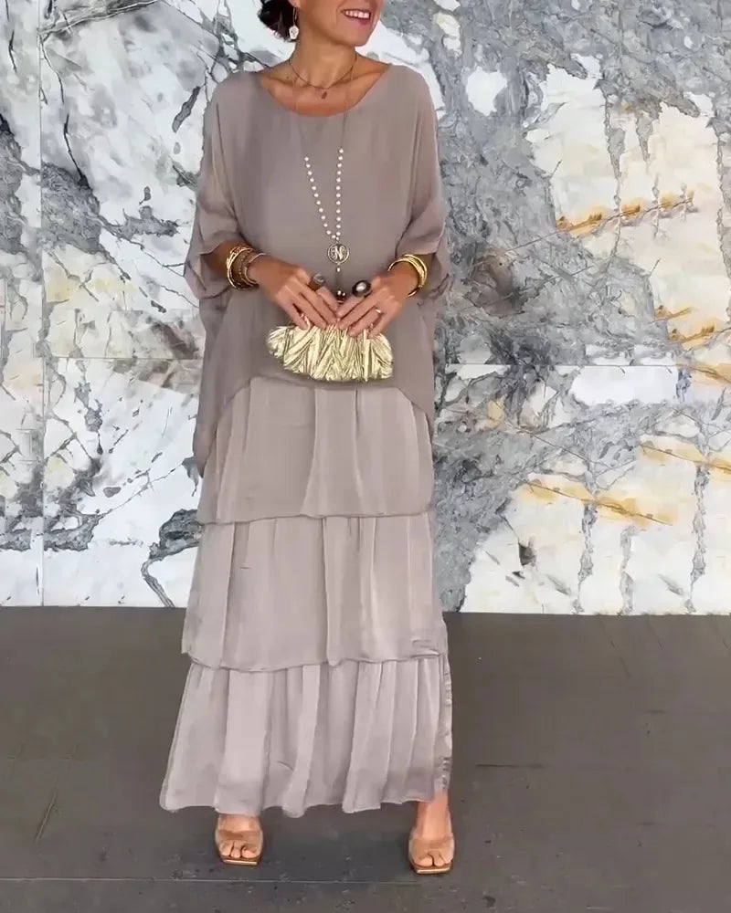 Fashion O-Neck Solid Commuter Long Dress Elegant Casual Layered Ruffle Edge Party Dress Bat Sleeve Chiffon Beach Vacation Dress
