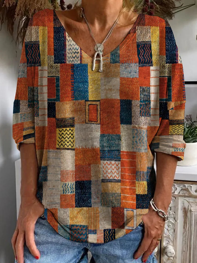 Autumn New Fashion Long-Sleeved Women's T-Shirt Top V-Neck Casual Loose Streaks Printed Streetwear Women Pullover T Shirts