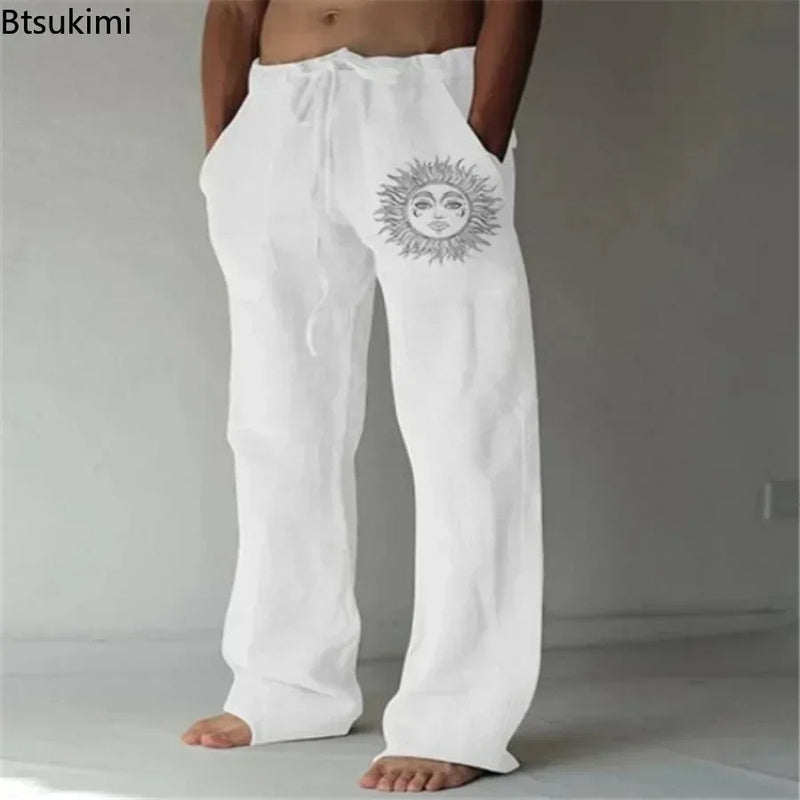 2025 Men's Cotton Linen Pants Oversized Jogger Sweatpants Casual Flower Print Plus Size Loose Wide Leg Pants Men Casual Trousers