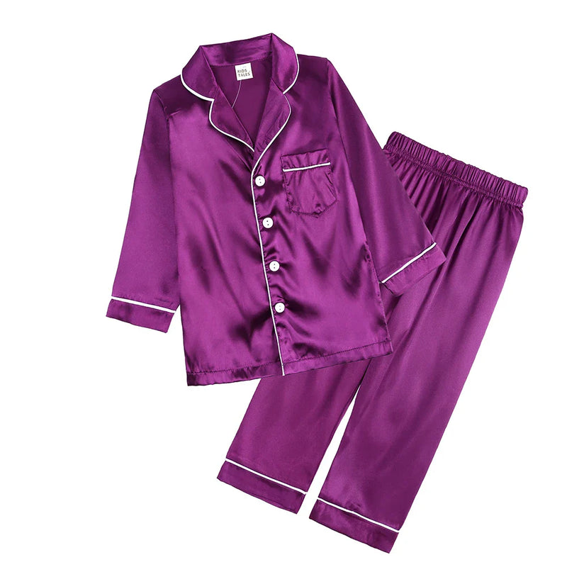 2Pcs Red Satin Pyjamas Kids Sets Boys Girls Solid Silk Children's Pajamas Clothes Toddler Lounge Pjs 2-12T Baby Clothing