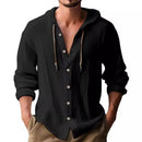 2024 New Spring and Summer Men's Hooded T-shirt Solid Color Cotton Linen Men's Casual Long Sleeved Top