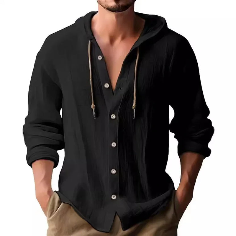 2024 New Spring and Summer Men's Hooded T-shirt Solid Color Cotton Linen Men's Casual Long Sleeved Top