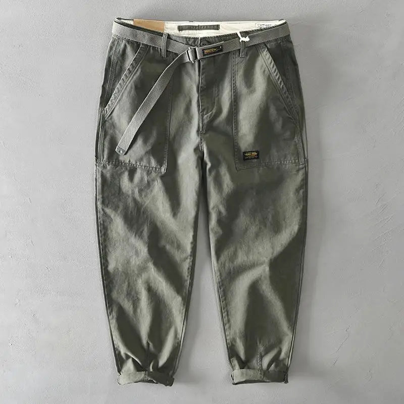 2025 New Spring Autumn Men Pure Cotton Men Cargo Pants Korean Style Male Casual Loose Belt Mid Waist Man Trouser Plus Size 4XL
