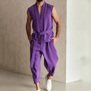 2025 Fashion High Street Men's Two Pieces Purple Sleeveless Lace-up Cardigan Tops and Pants Casual Outfits Trend Men's Clothing