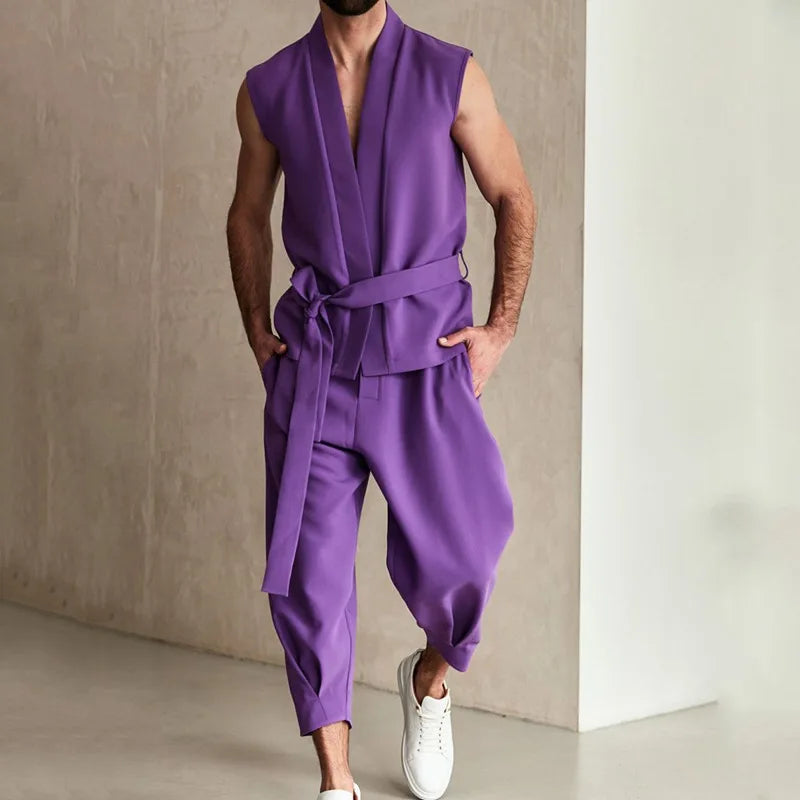 2025 Fashion High Street Men's Two Pieces Purple Sleeveless Lace-up Cardigan Tops and Pants Casual Outfits Trend Men's Clothing